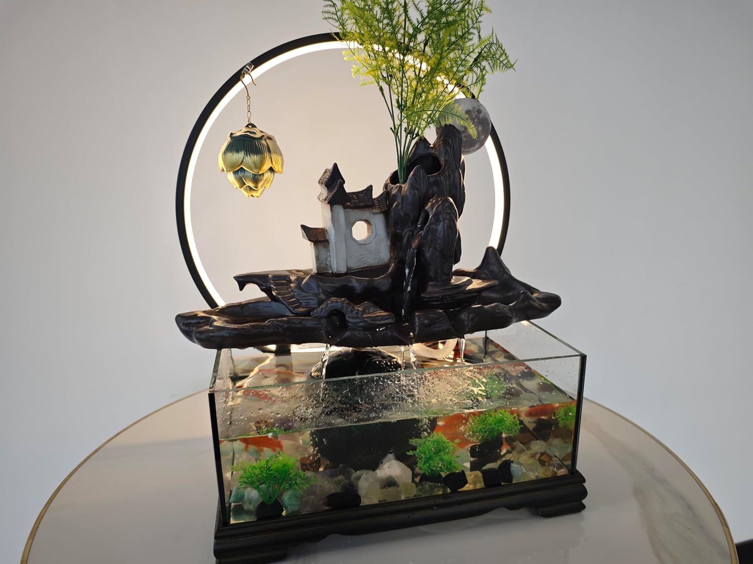 Desktop Ceramic Water Fountain Fish Tank - Adjustable Water Flow with LED Lights | Indoor Decoration Fortune Gifts+15 PCS Free Crystals (Style 2)