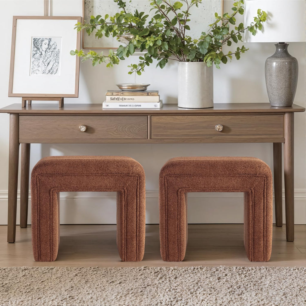 Get Set Style Vanity Stool Chair,Modern Boucle Ottoman Foot Stool with Wooden Legs Sofa Bench Footstool Extra Seat for Vanity,Makeup Room,Living Room,Entryway,Office (Fully Assembled) (Brown)