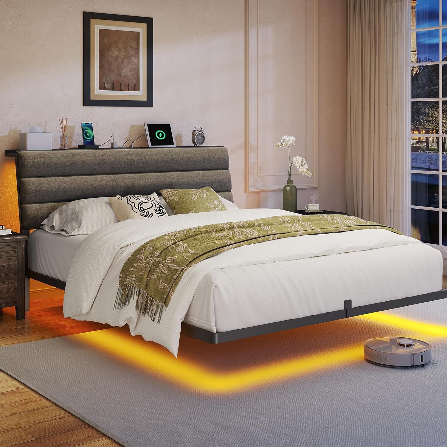 Floating Bed Frame Queen, Platform Bed with LED Lights & Charging Station, Ergonomic Storage Headboard, Heavy Duty Metal Slats, No Box Spring Needed, Easy Assembly, Dark Gray