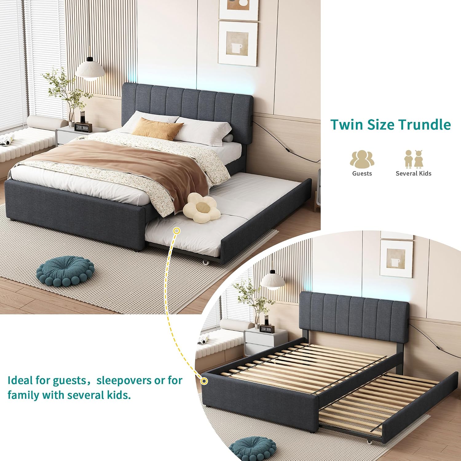 Ball & Cast Full Size Upholstered Platform Bed with Remote Control Intelligence Led Lights App and Trundle,Wood Bed Frame w/Charging Station Headboard & Eva Silent Strip,Bebframe for Apartment,Gray