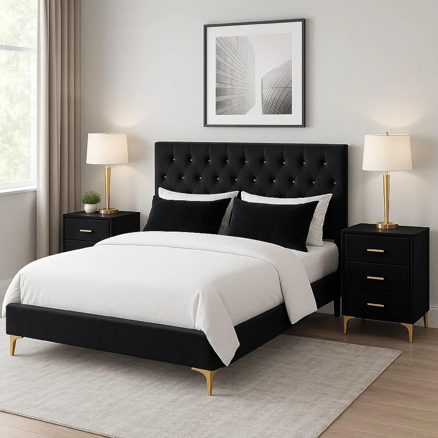 Benzara Dle 4 Piece Queen Bedroom Set, Tufted Black Velvet, Modern Gold Accent