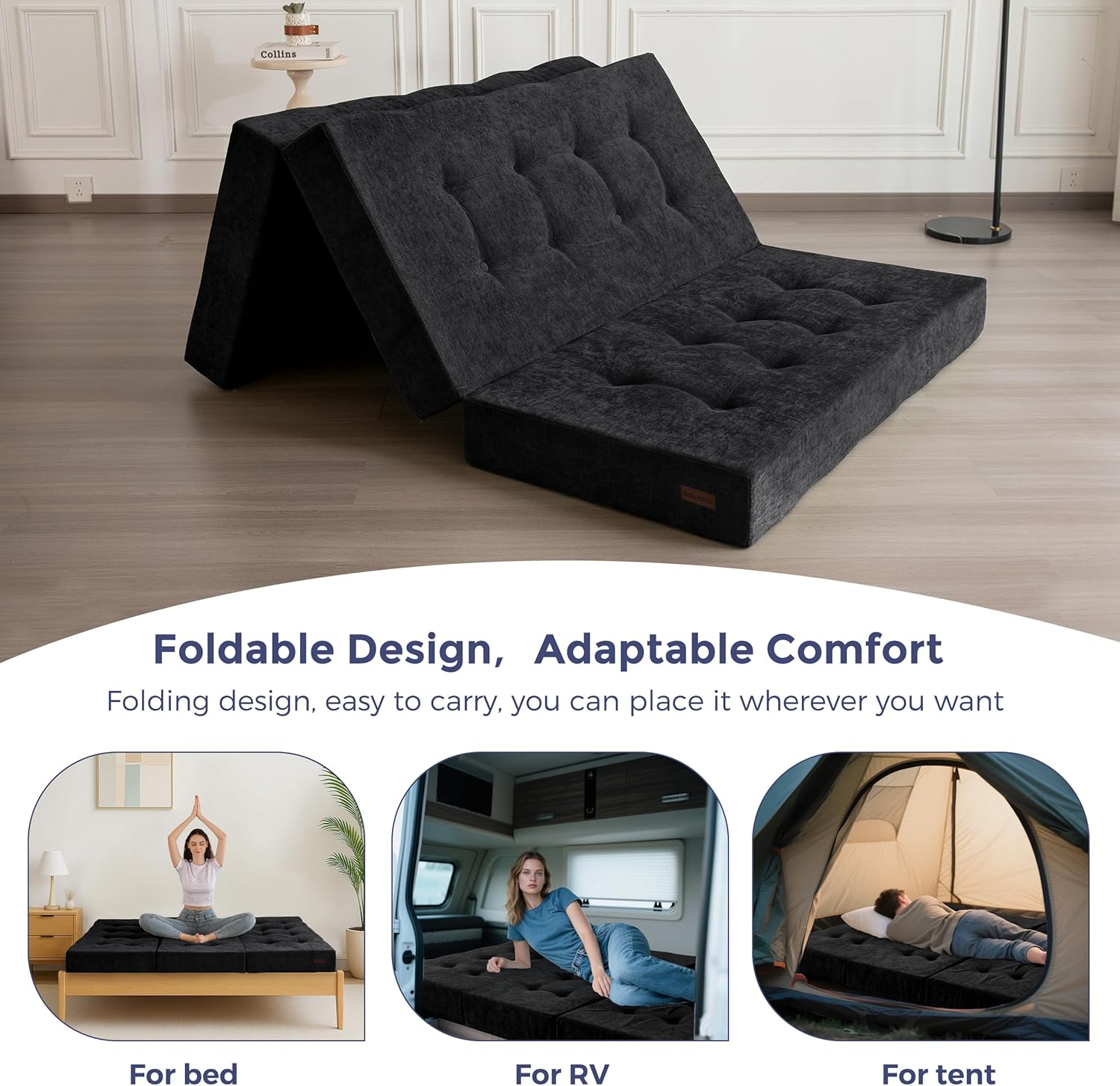 MAXYOYO 6' Folding Sofa Bed for Floor, Tufted Tri-Fold Floor Mattress with Chenille Fabric, Queen Size Portable Sofa Couch Guest Mat for Adults, Foldable Topper for Camping, Black, 59'x78.7'