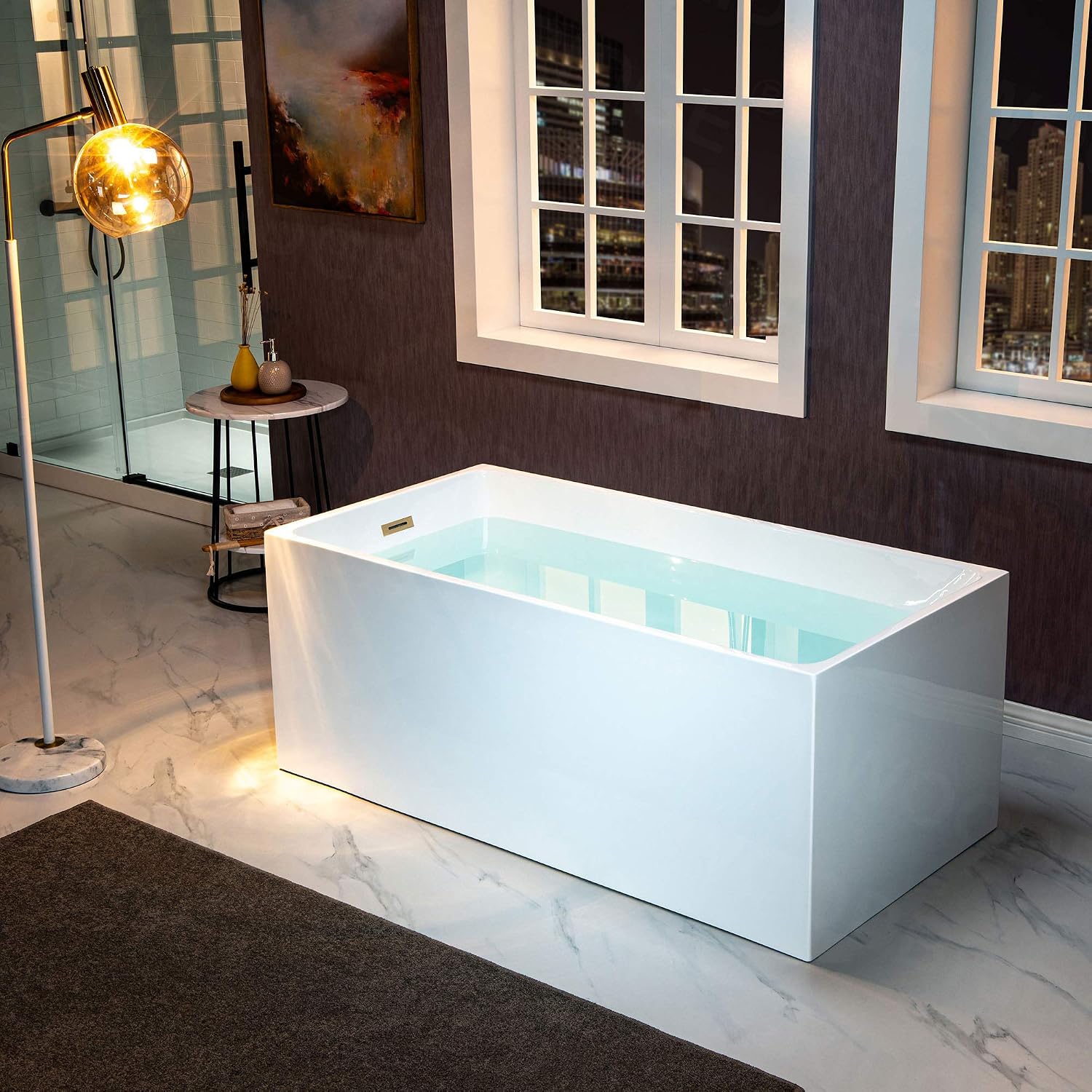 WOODBRIDGE 67' Acrylic Freestanding Bathtub Contemporary Soaking White Tub with Brushed Gold Overflow and Drain，B0086-BG-Drain&O
