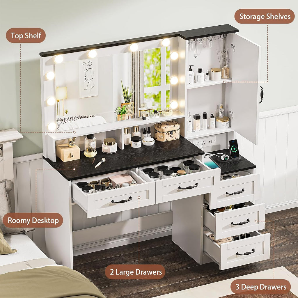 Farmhouse Vanity Desk Makeup Table with Mirror and 10 Lights, 45.3' Large Vanity Desk with Power Outlet, 5 Drawers, 1 Cabinet & 9 Jewelry Hooks, Dressing Table for Women Girls White & Black