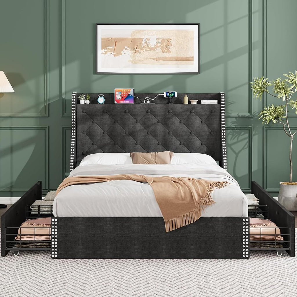 Upholstered Queen Bed Frame with 4 Storage Drawers, Wingback Headboard with Charging Station, Diamond Stitched Button Tufted Design, No Box Spring Needed, Grey