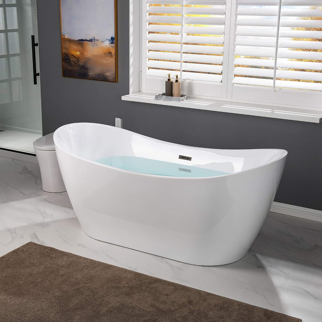 WOODBRIDGE 67' Acrylic Freestanding Bathtub Contemporary Soaking White Tub with Oil Rubbed Bronze Overflow and Drain,B0010-ORB