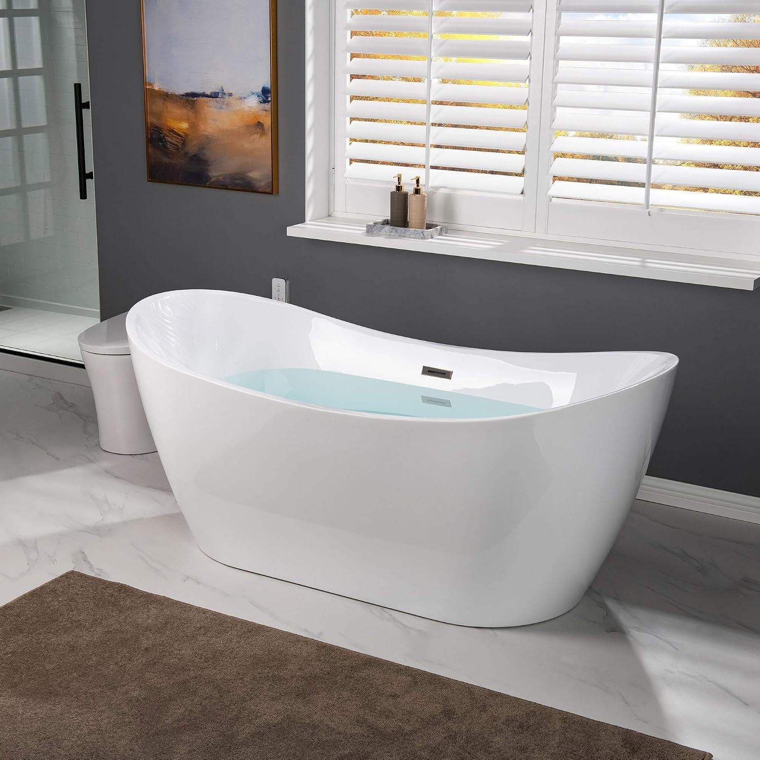 WOODBRIDGE 67' Acrylic Freestanding Bathtub Contemporary Soaking White Tub with Oil Rubbed Bronze Overflow and Drain,B0010-ORB