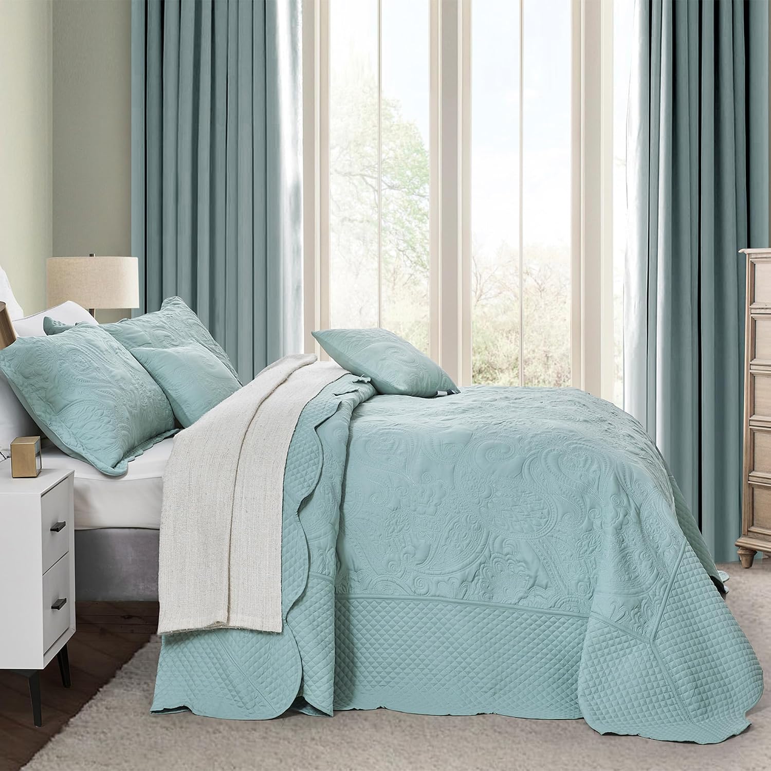 Oversized King Bedspread, Paisley Pattern Design, Lightweight Bedding Cover, Reversible, 5 Piece, 100% Microfiber, Seaglass