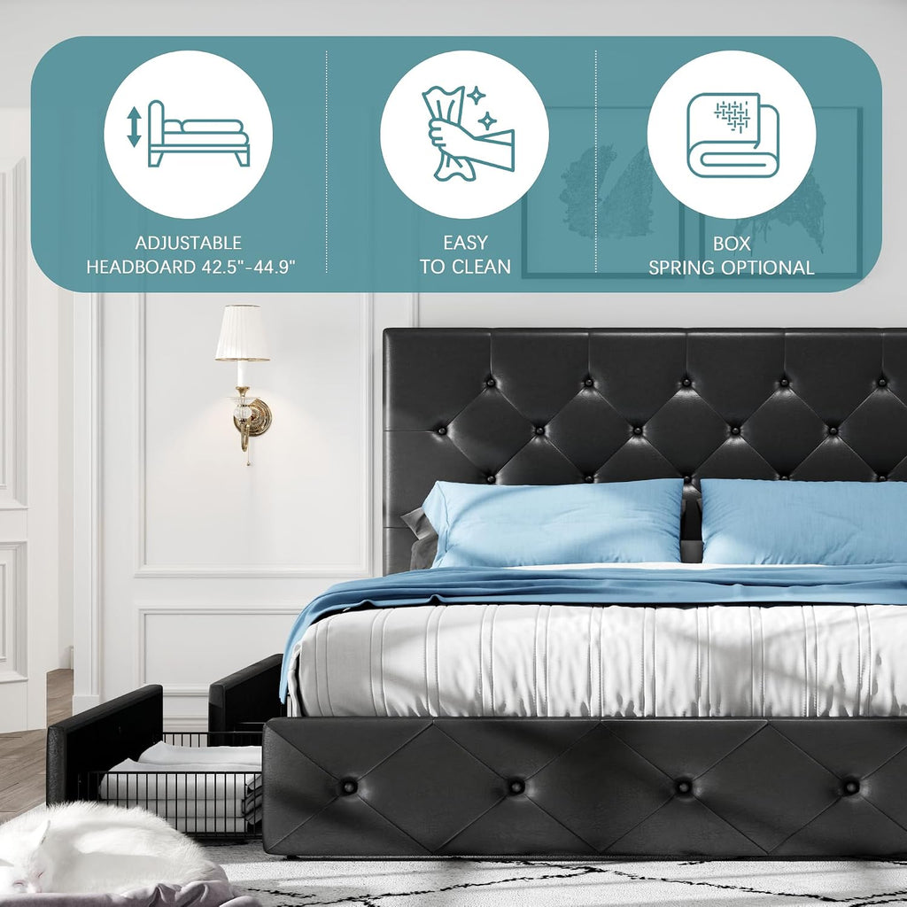 HOOMIC King Platform Storage Bed Frame with 4 Drawers & Adjustable Headboard, Wooden Slats, No Box Spring Needed, Diamond Stitched Button Tufted Design, Black