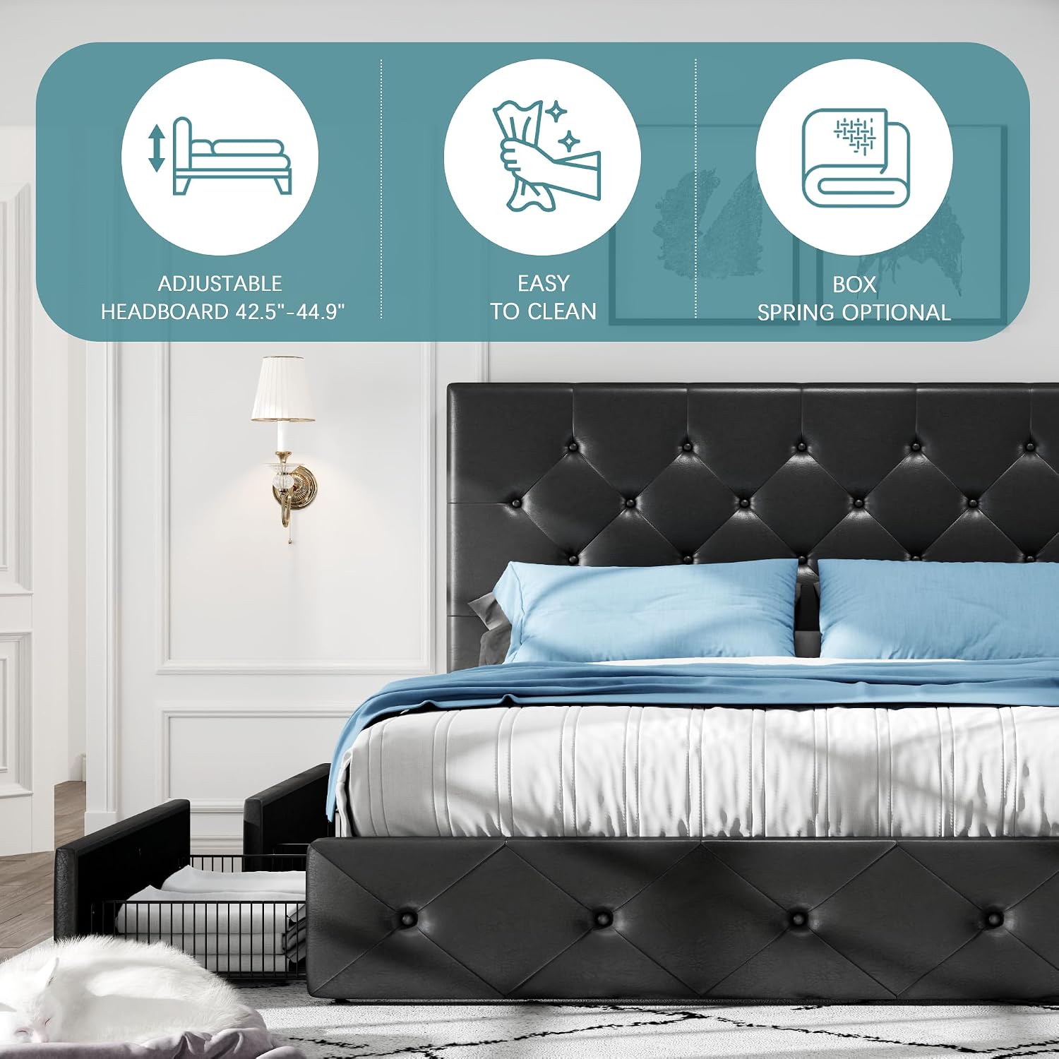 HOOMIC King Platform Storage Bed Frame with 4 Drawers & Adjustable Headboard, Wooden Slats, No Box Spring Needed, Diamond Stitched Button Tufted Design, Black