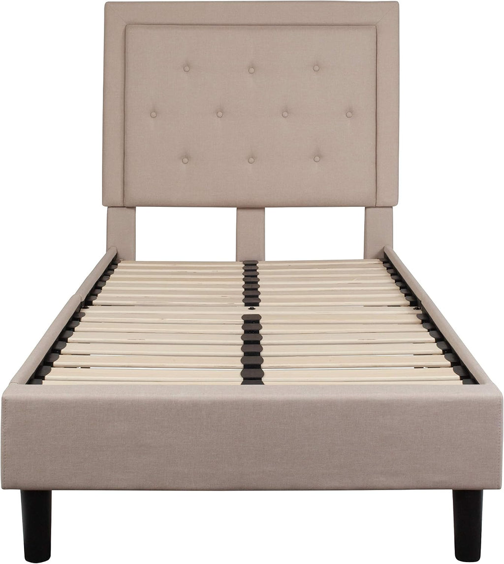 Flash Furniture Roxbury Twin Size Tufted Upholstered Platform Bed in Beige Fabric