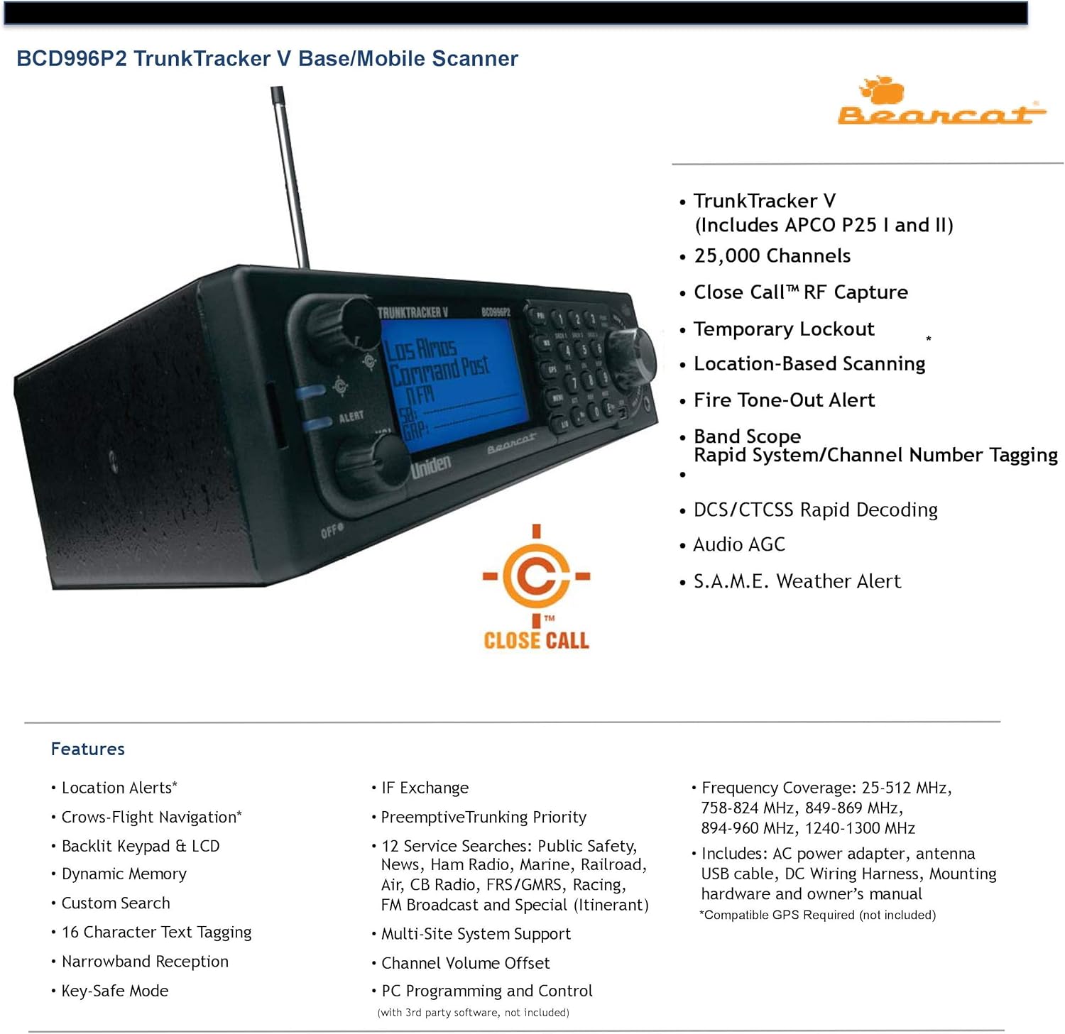 Uniden BCD996P2 Digital Mobile TrunkTracker V Scanner, 25,000 Dynamically Allocated Channels, Close Call RF Capture Technology, 4-Line Alpha Display, Base/Mobile Design, Phase 2