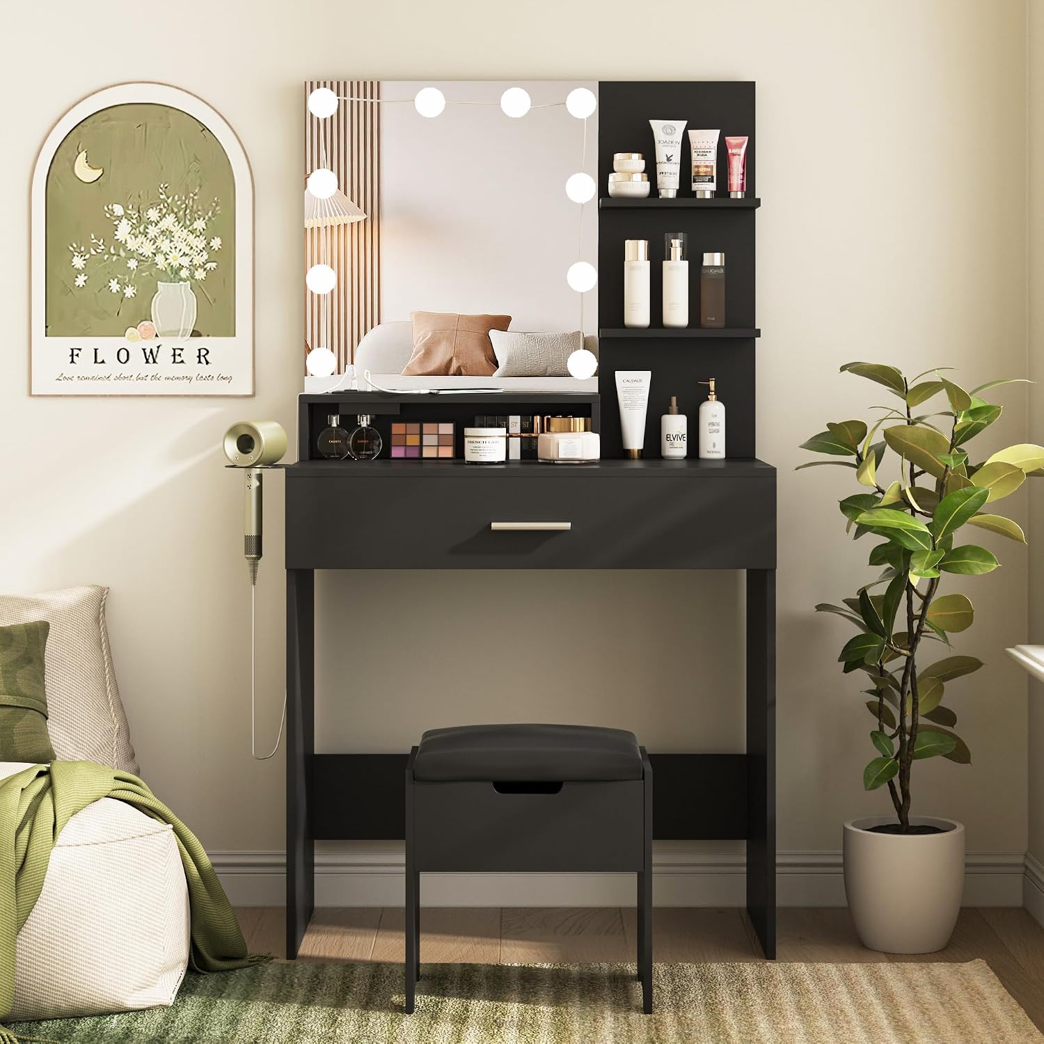 Vabches Small Vanity Desk with Mirror and Lights, Makeup Vanity with Storage Chair & Power Strip,Girl Dressing Table Set with Drawer for Bedroom,3 Lighting Modes,Brightness Adjustable,Black