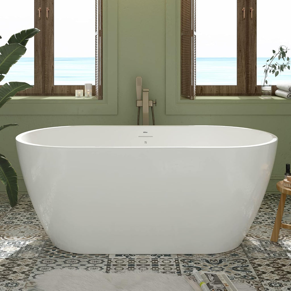 FerdY 59' Bali Elite Acrylic Freestanding Bathtub, Gracefully Shaped Freestanding Soaking Bathtub, cUPC Certified, Toe-Tap Brushed Nickel Drain and Minimalist Linear Design Overflow Included