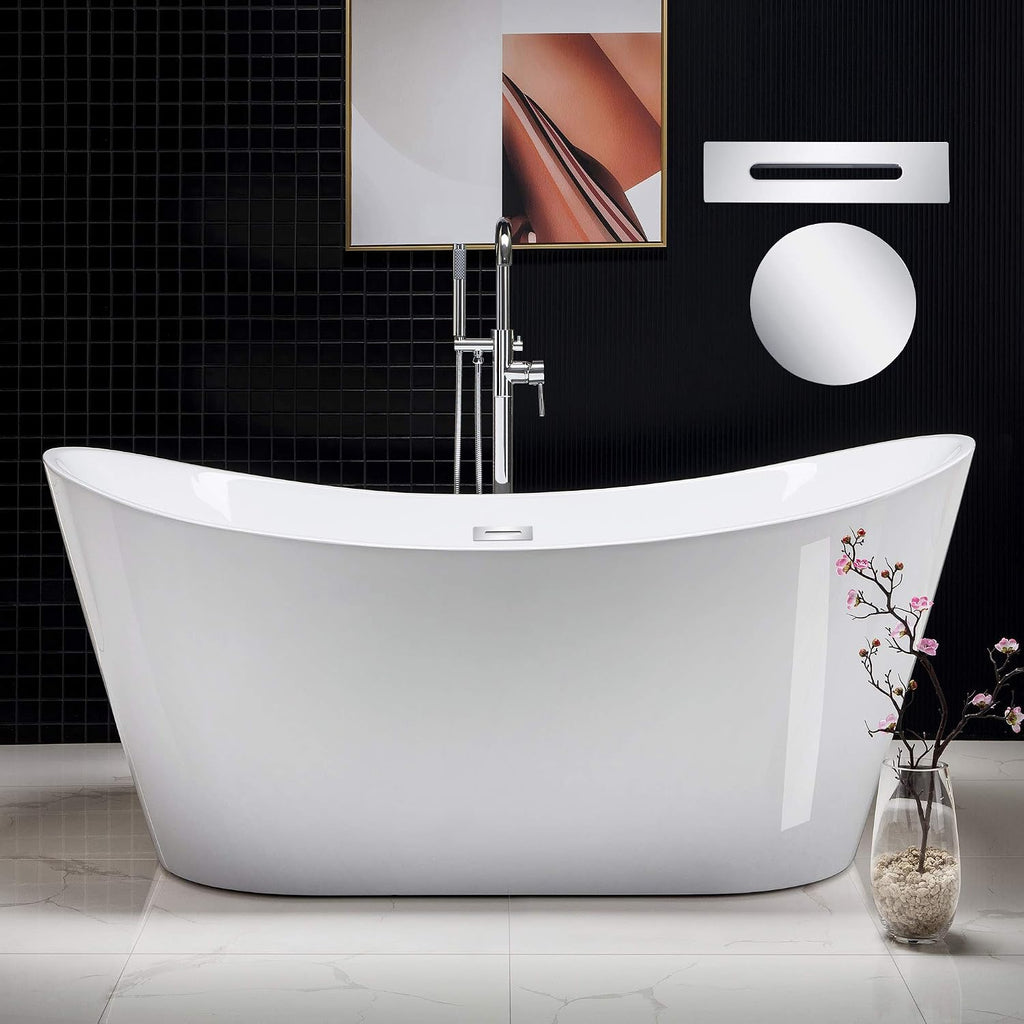 WOODBRIDGE 67' Acrylic Freestanding Bathtub Contemporary Soaking White Tub with Chrome Overflow and Drain,B0010-C