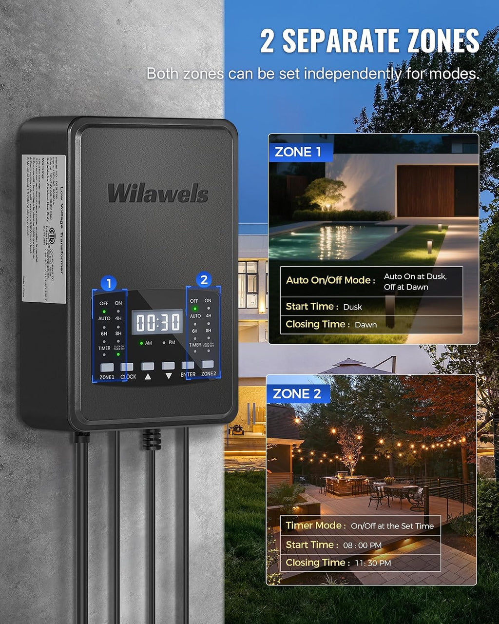 600W Low Voltage Landscape Transformer, 2 Zone Independent Control Landscape Lighting Transformer, 120VAC to 12/14V AC Low Voltage Transformer with Timer & Photocell Sensor ETL Listed D25LT06