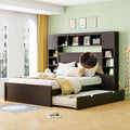 Polibi Queen Size Bed Frame with Bookcase Headboard,2 Storage Drawers and Trundle,Wooden Platform Bed Queen Size with All-in-One Cabinet, Shelf and Sockets,Espresso