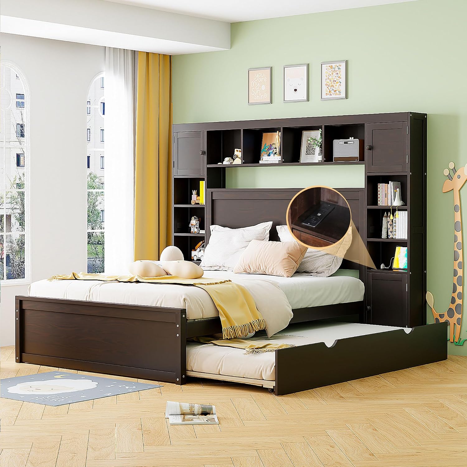 Polibi Queen Size Bed Frame with Bookcase Headboard,2 Storage Drawers and Trundle,Wooden Platform Bed Queen Size with All-in-One Cabinet, Shelf and Sockets,Espresso