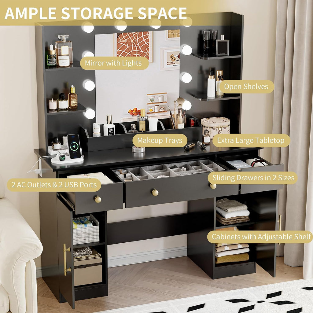 Vanity Desk with Mirror and Lights, 43'' Makeup Dressing Table Set with 5 Drawers & Power Outlet, 3 Lighting Modes Brightness Adjustable, Vanity with RGB Ambient Light for Women Girls Bedroom, Black