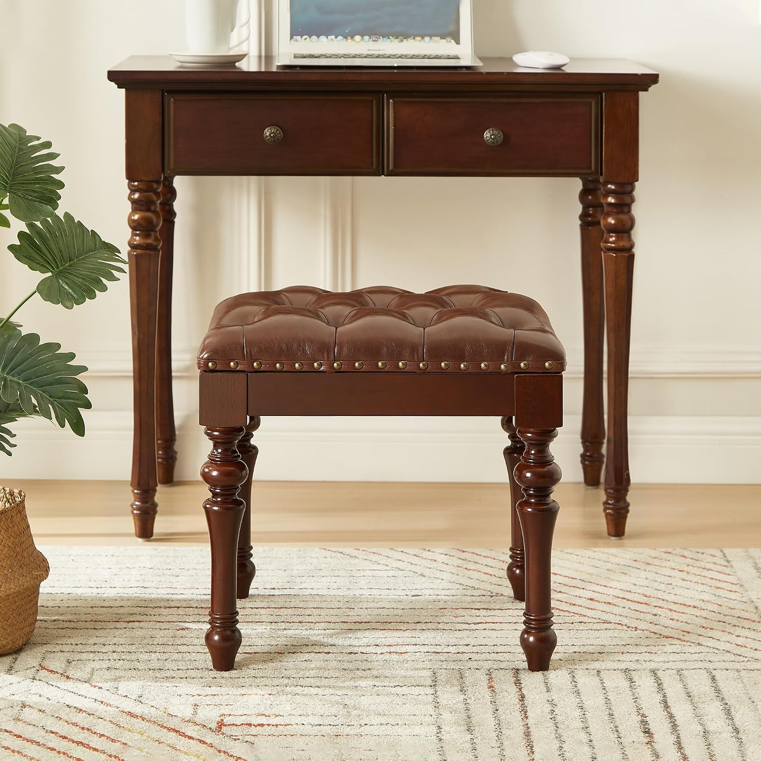 Vanity Bench with Nail Trim, Piano Bench, Desk Stool with Microfiber Leather Upholstered Stool for Bedrooms, Dinning Room, Cloakroom, Piano Room