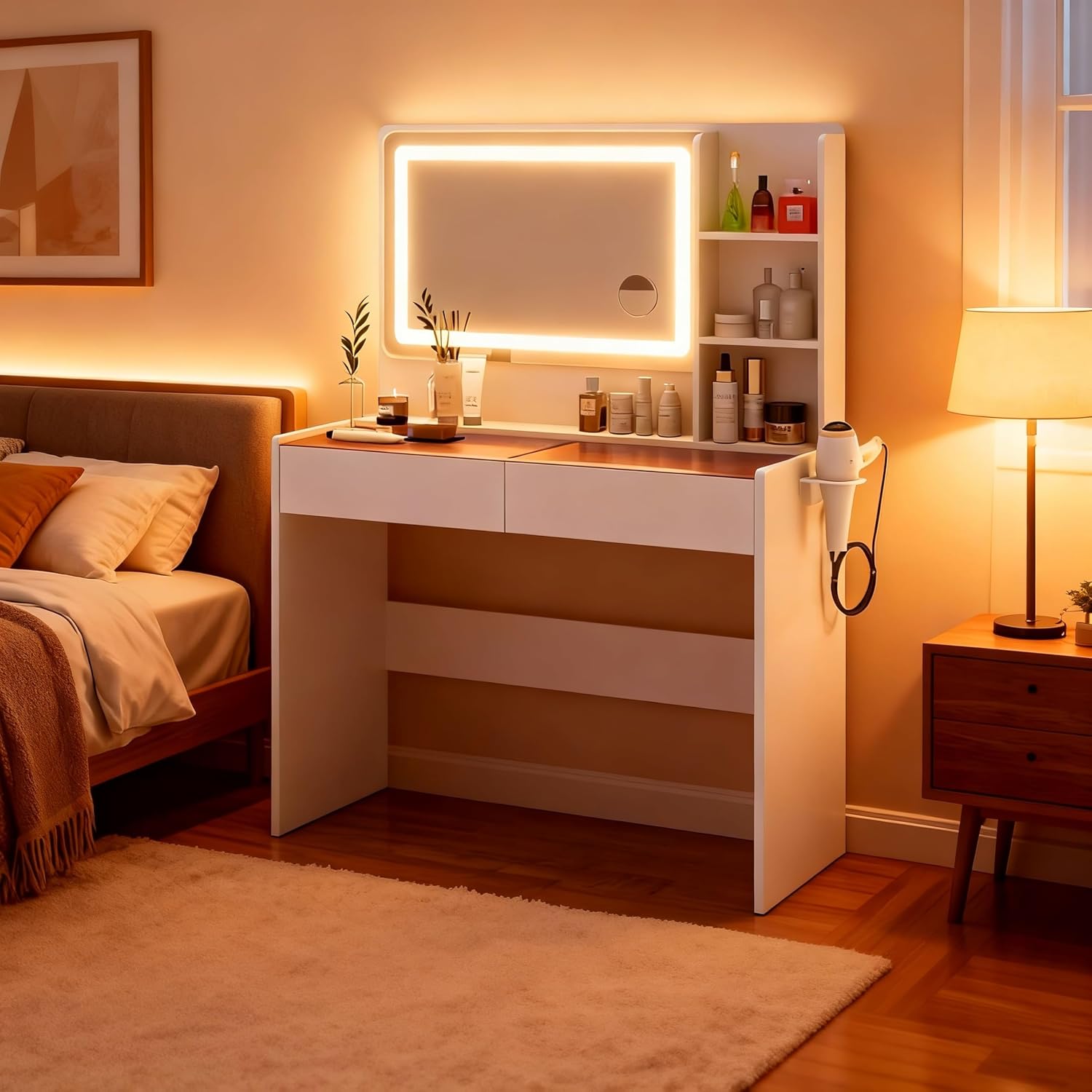 Vanity Desk,Makeup Vanity Desk with Mirror and Lights,Transparent Top with LED Multiple Color Lights,Mirror 3 Color Modes 2 Drawers,Power Outlet,Dressing Table for Girls Bedroom,White