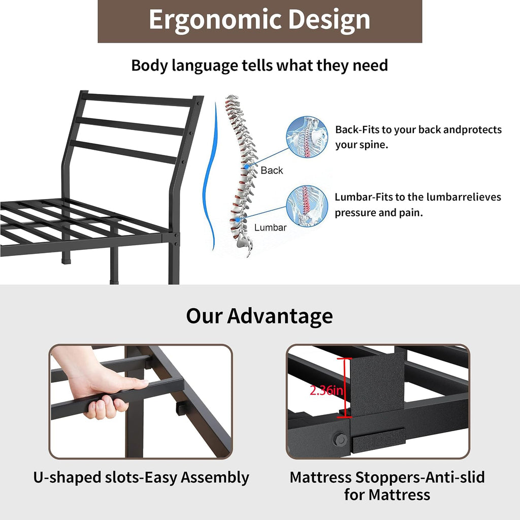 ROIL Queen Size Metal Bed Frame with Headboard, 14inch Black Heavy Duty Platform with Steel Slats Support and Mattress Stoppers, 3500LBS No Box Spring Needed, Easy Assembly Noise-Free