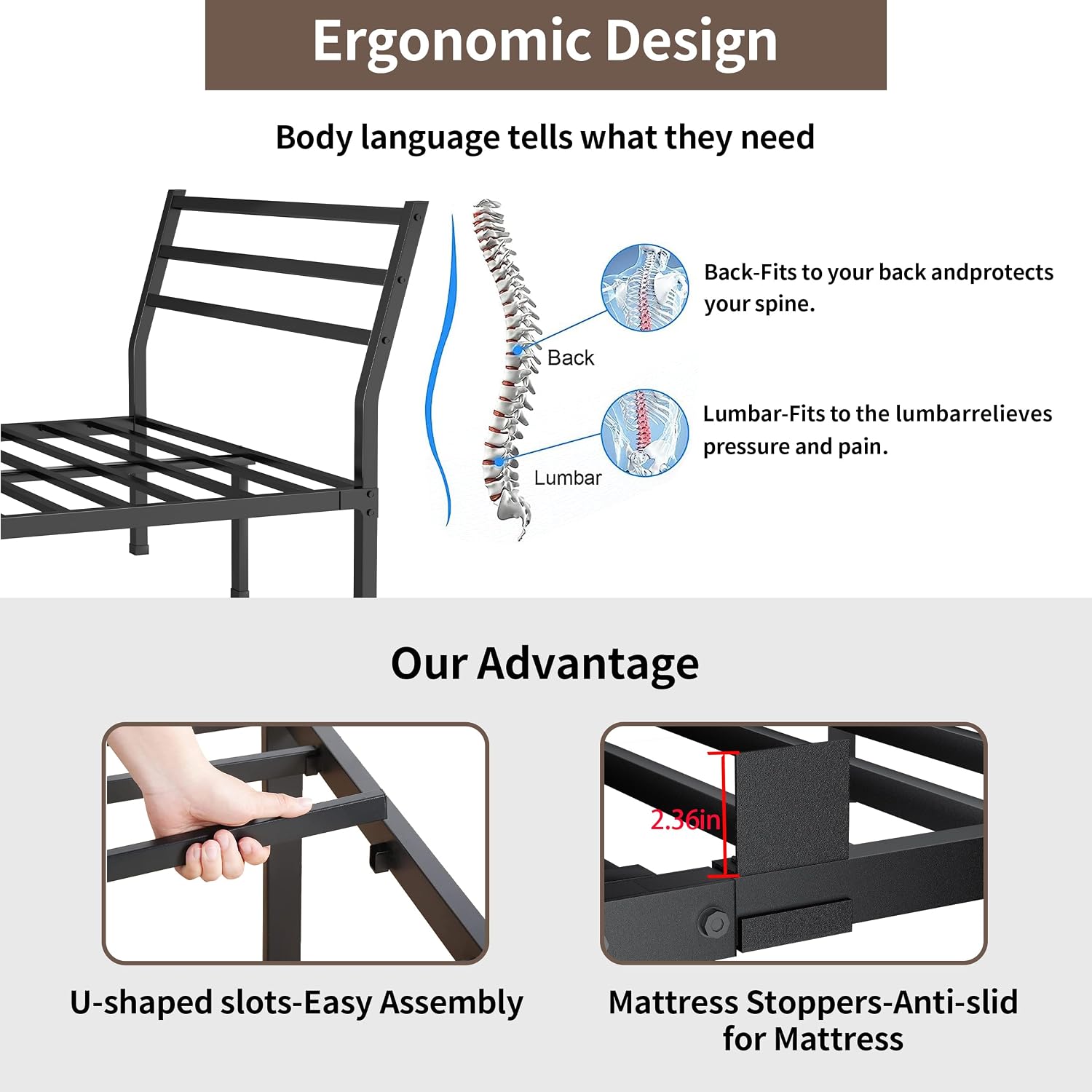 ROIL Queen Size Metal Bed Frame with Headboard, 14inch Black Heavy Duty Platform with Steel Slats Support and Mattress Stoppers, 3500LBS No Box Spring Needed, Easy Assembly Noise-Free