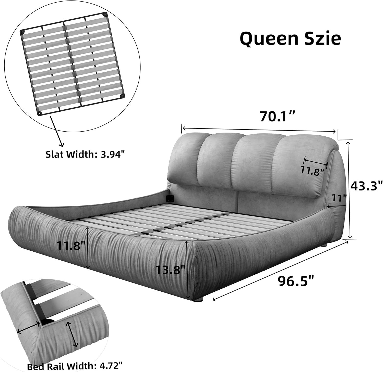 KEIKI Queen Size Upholstered Platform Bed with Oversized Padded Backrest,Thickening Pinewooden Slats and Metal Leg,Black