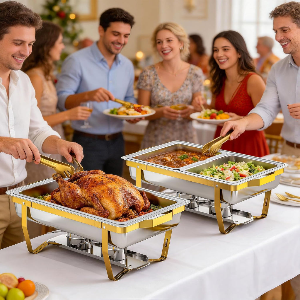 9 QT Chafing Dishes for Buffet Set 2 Pack, Gold Stainless Steel Food Warmers with Serving Utensils Folding Stand, Buffet Servers for Parties, Weddings, Catering, Family Gatherings