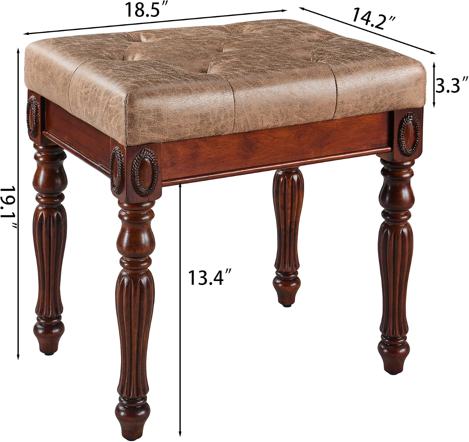 Solid Wood Upholstered Vanity Bench, Small Vintage Ottoman Leather Tufted Foot Stool with Padded Cushion Seat Carved Footrest Rustic Legs for Bedroom Living Room 1533LT(Light Yellow)
