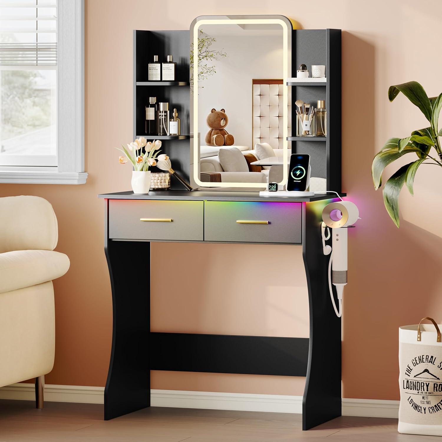 Vanity Desk with LED Lights Mirror & Power Outlet, Small Makeup Vanity Table Set with Storage Drawers, 3 Lighting Modes & Adjustable Brightness, Dressing Table for Women Girls Bedroom, Black(NO Stool)