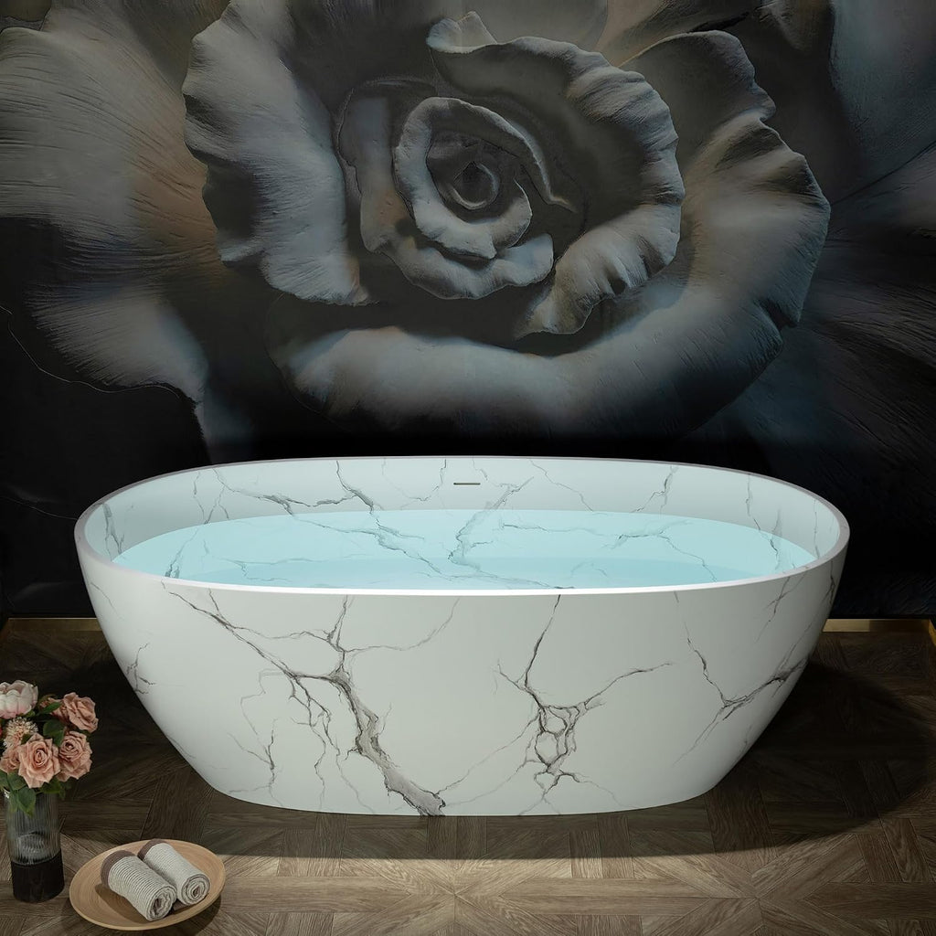 WOODBRIDGE 67' Marble-Pattern Stone Resin Freestanding Soaking Tub, Modern Oval Solid Surface Bathtub with Integrated Slotted Overflow & Drain, Matte Finish, CST0745