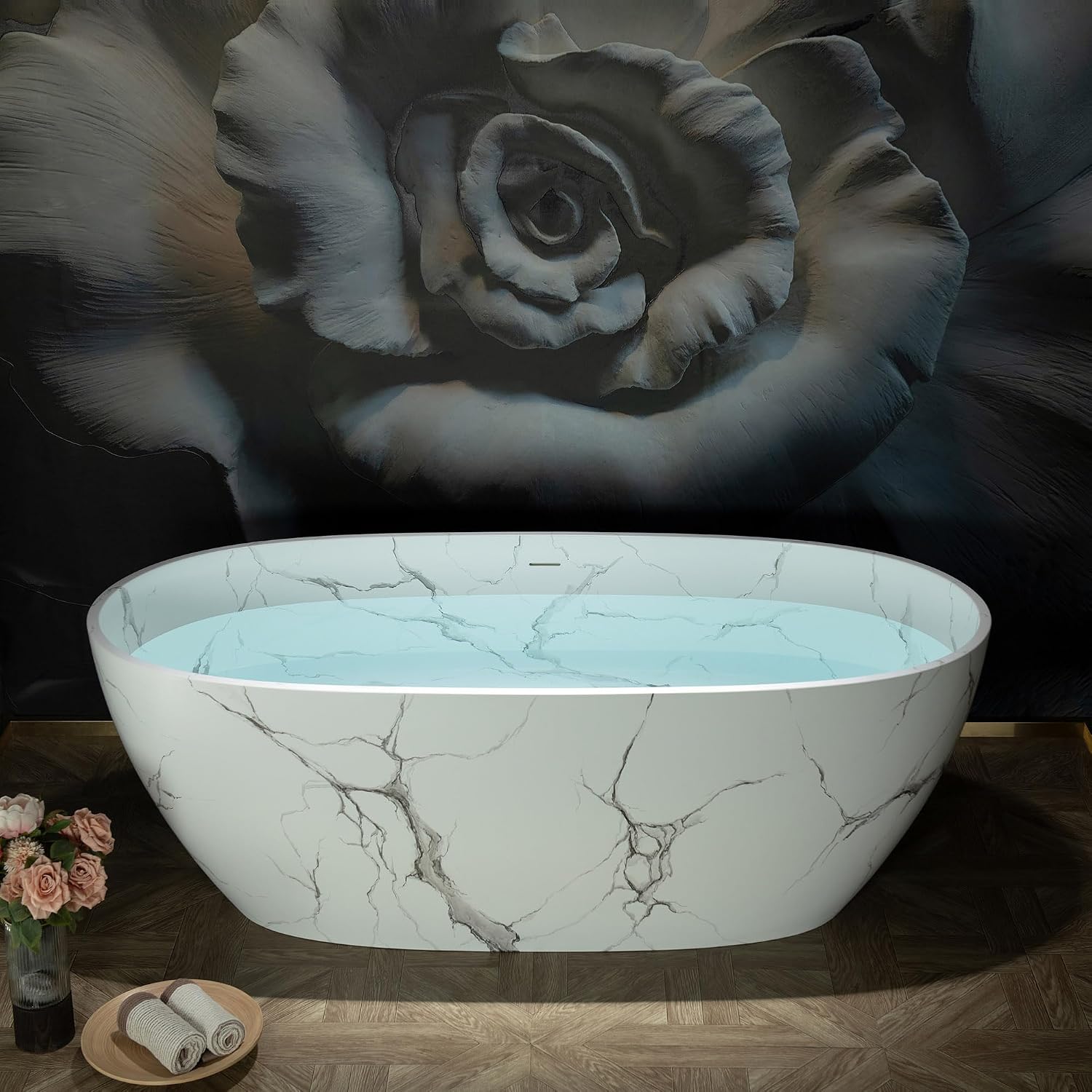 WOODBRIDGE 67' Marble-Pattern Stone Resin Freestanding Soaking Tub, Modern Oval Solid Surface Bathtub with Integrated Slotted Overflow & Drain, Matte Finish, CST0745