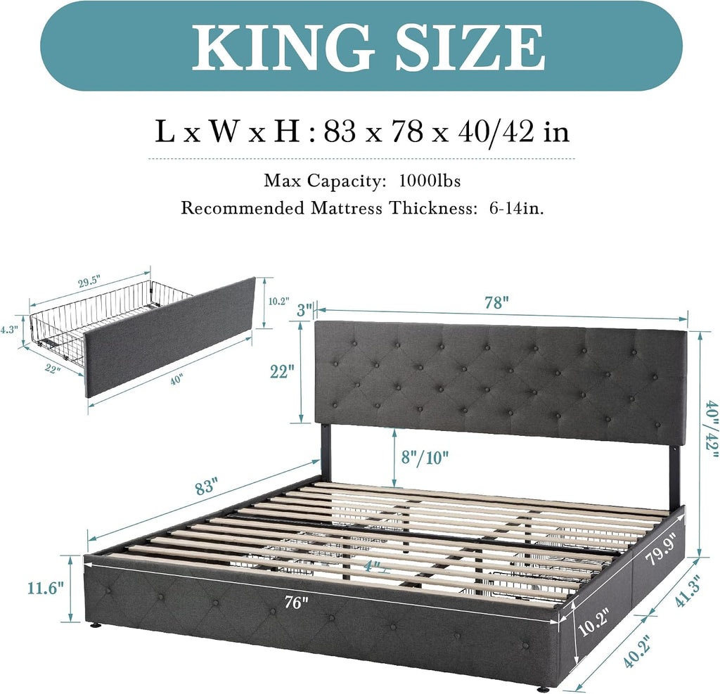 HOOMIC King Size Platform Storage Bed Frame with 4 Drawers & Adjustable Headboard, Wooden Slats, No Box Spring Needed,Diamond Stitched Button Tufted Design, Noise Free, Dark Grey