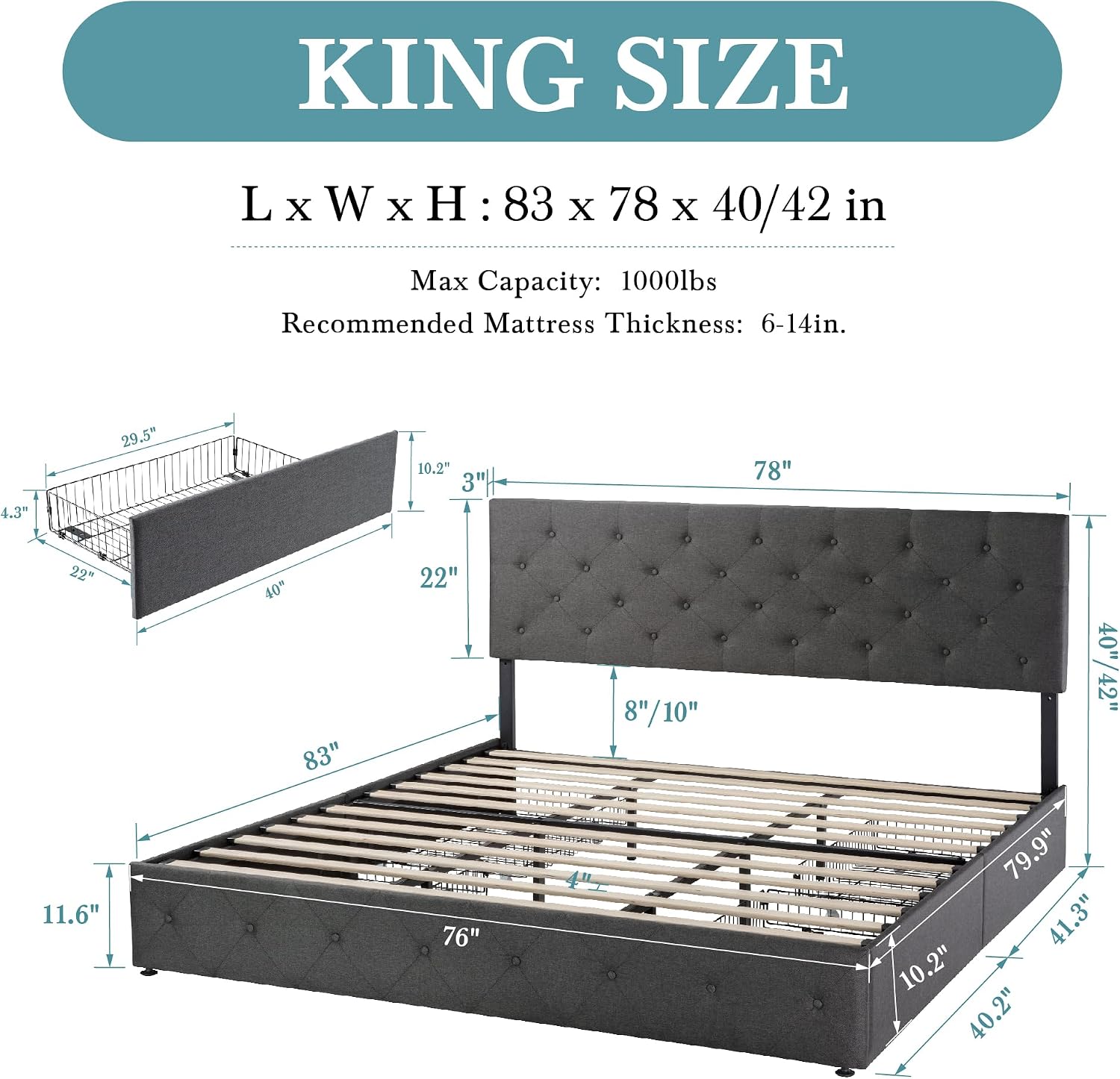 HOOMIC King Size Platform Storage Bed Frame with 4 Drawers & Adjustable Headboard, Wooden Slats, No Box Spring Needed,Diamond Stitched Button Tufted Design, Noise Free, Dark Grey