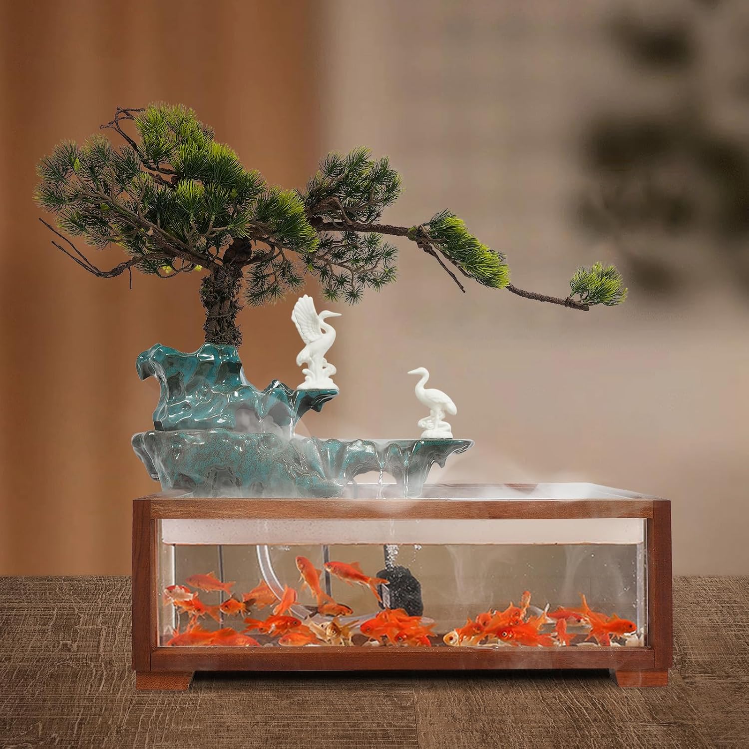 Antique Style Tabletop Water Fountain with Fish Tank & Atomizer, Indoor Ceramic Desktop Fountain with LED Light, Waterfall Feng Shui Zen Meditation Indoor Fountains for Home & Office