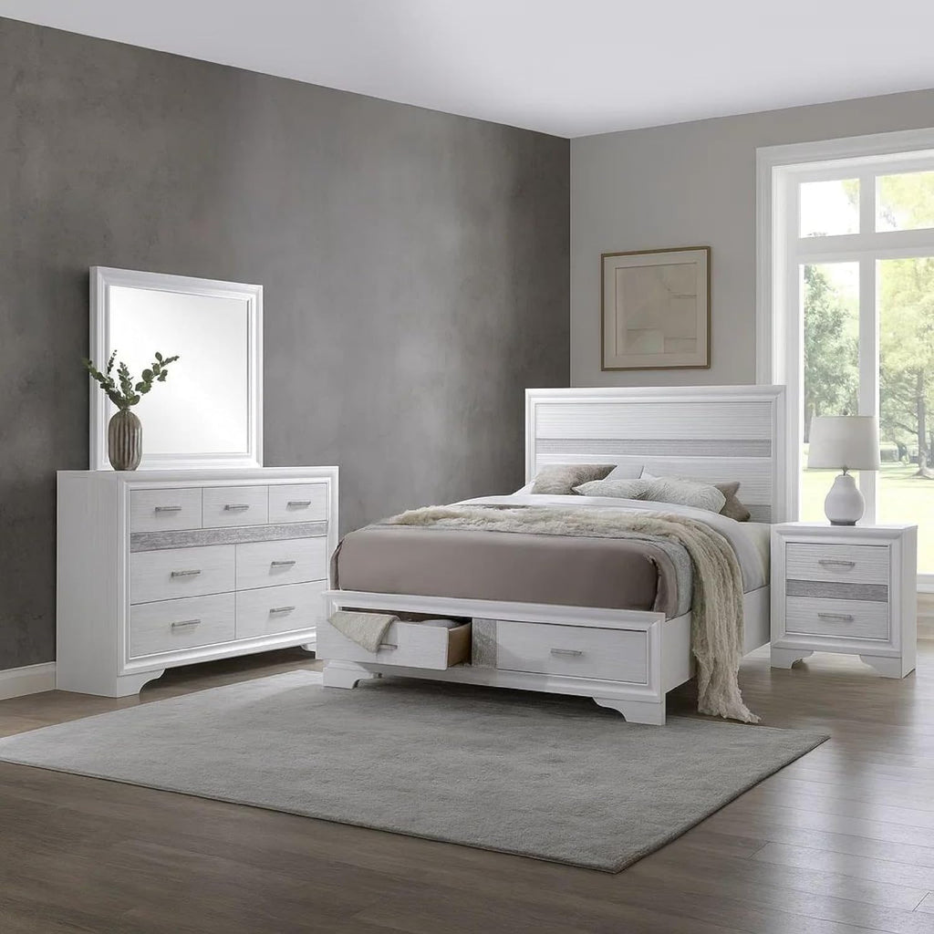 Benzara Vino White 4 Piece Queen Bed Set with Storage, Glitter Accent