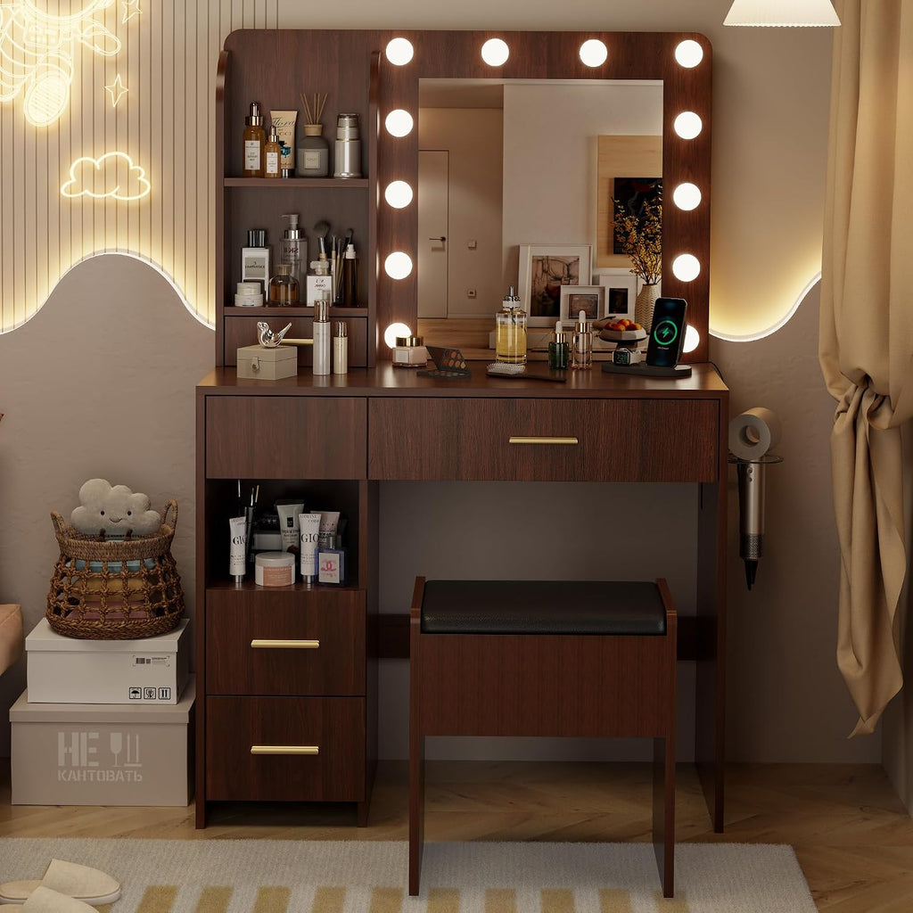 Otterease Vanity Desk with LED Lighted Mirror&Power Outlet, 3 Lighting Colors Makeup Vanity Desk with 5 Large Drawers and 3 Storage Shelves, Walnut Vanity with Storage Stool for Bedroom