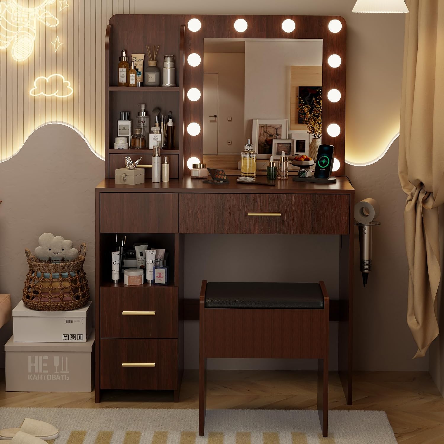 Otterease Vanity Desk with LED Lighted Mirror&Power Outlet, 3 Lighting Colors Makeup Vanity Desk with 5 Large Drawers and 3 Storage Shelves, Walnut Vanity with Storage Stool for Bedroom