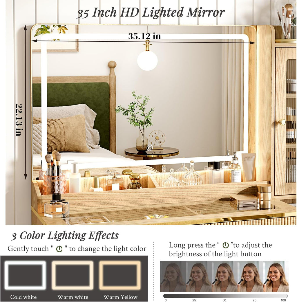 Arulvmrn Vanity Desk with 35.12' HD Lighted Mirror, 46.85' Big Modern Vanity Desk with Mirror and Lights, Makeup Vanity with 7 Drawers and Storage Shelves and Charging Station, Oak