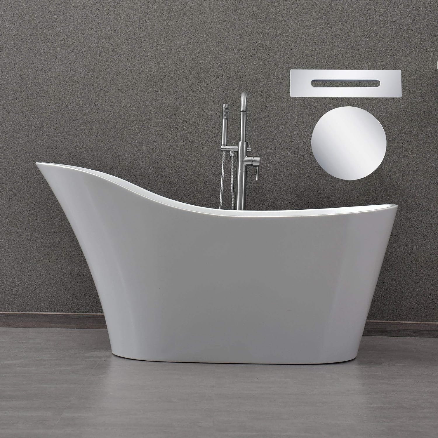 WOODBRIDGE 59' Acrylic Freestanding Bathtub Contemporary Soaking White Tub with Chrome Overflow and Drain，B0029-C-Drain&O