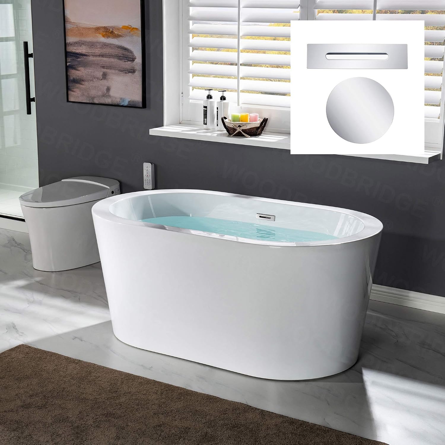 WOODBRIDGE 56' Acrylic Freestanding Bathtub Contemporary Soaking White Tub with Chrome Overflow and Drain，B0088-C-Drain&O