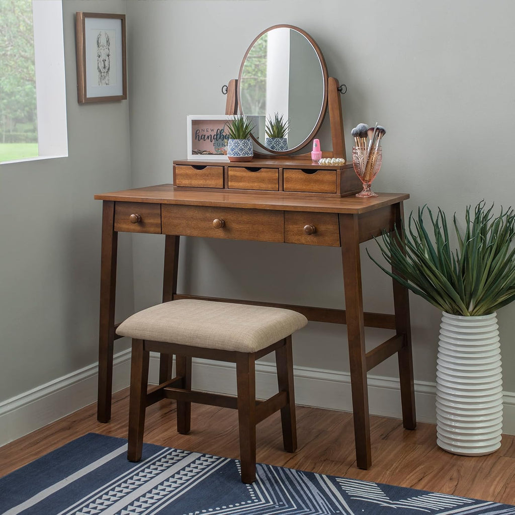 Linon MidCentury Walnut Upholstered Seat Beverly Vanity Set, Medium