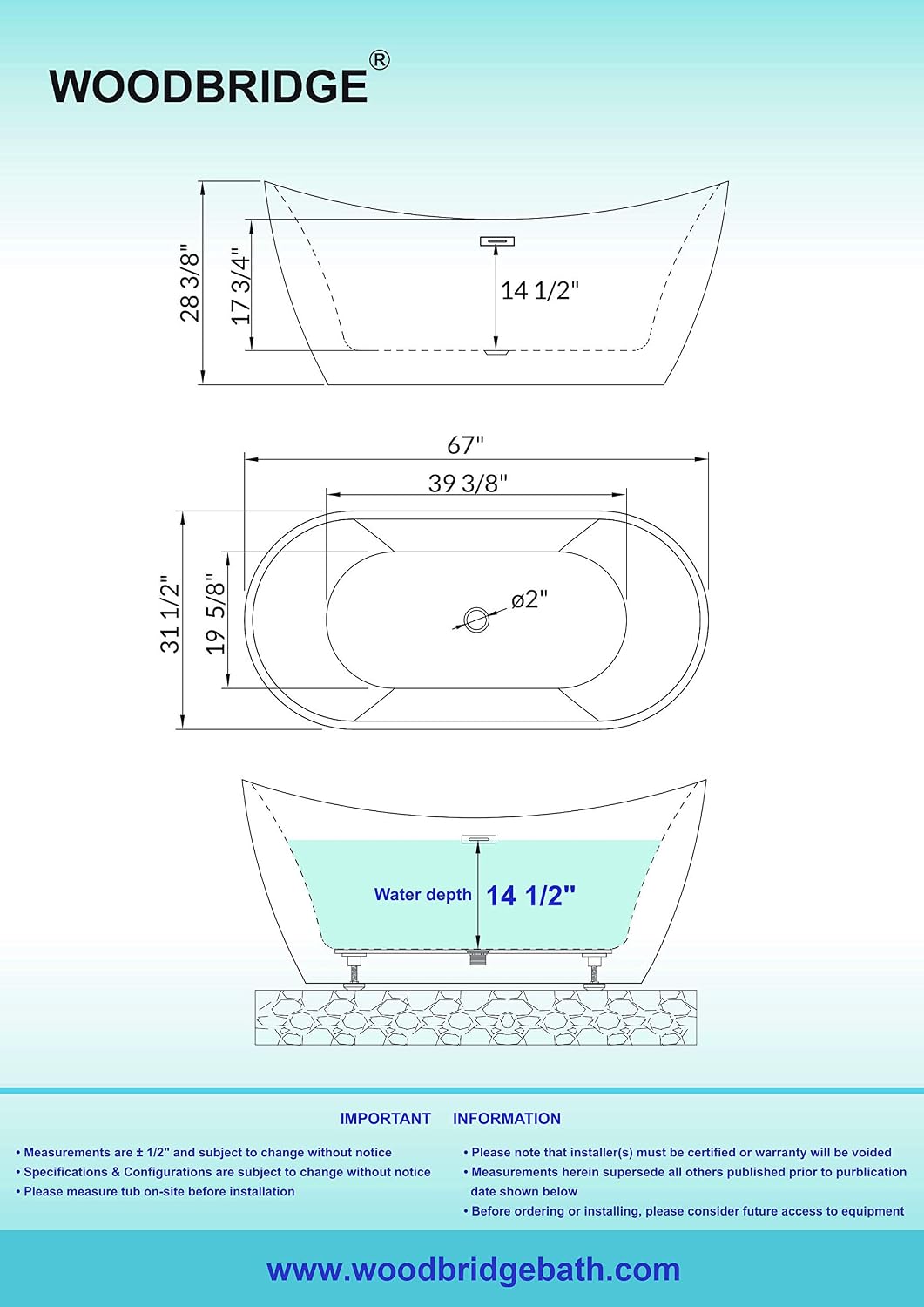 WOODBRIDGE BTA1515-ORB-Drain &O+F0010ORBSQ BATHTUB, With ORB Drian