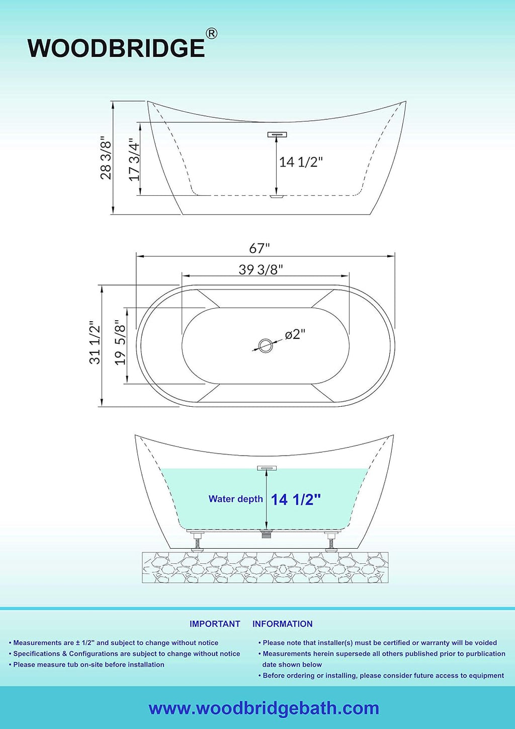 WOODBRIDGE BTA1515-B/N-Drain &O +F0001BNSQ BATHTUB, With Brushed Nickel Drian