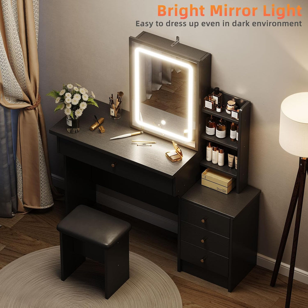 Memobarco Vanity Desk with Mirror and Lights, Makeup Vanity with 3 Adjustable Lighting Modes, Small Vanity Desk with Sliding Mirror, 4 Drawers, 7 Shelves, Vanity Chair for Bedroom, Black