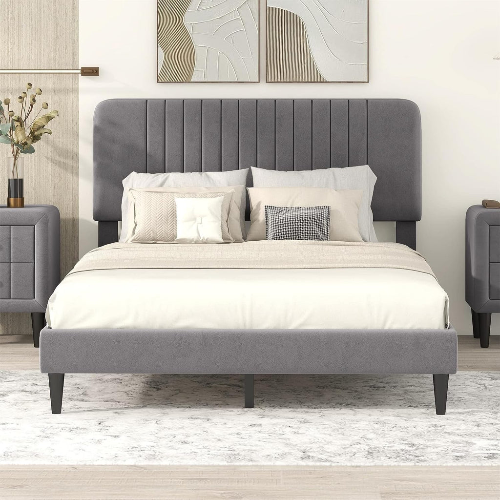 KLMM Elegant Full Size Upholstered Platform Bed,No Box Spring Needed, Velvet Fabric, Suitable for Bedroom Use, Easy to Assemble (Gray#K^)