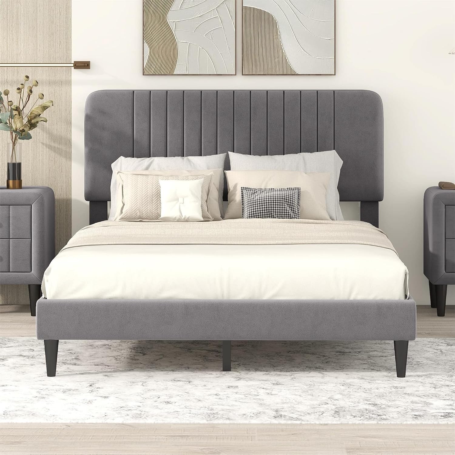 KLMM Elegant Full Size Upholstered Platform Bed,No Box Spring Needed, Velvet Fabric, Suitable for Bedroom Use, Easy to Assemble (Gray#K^)