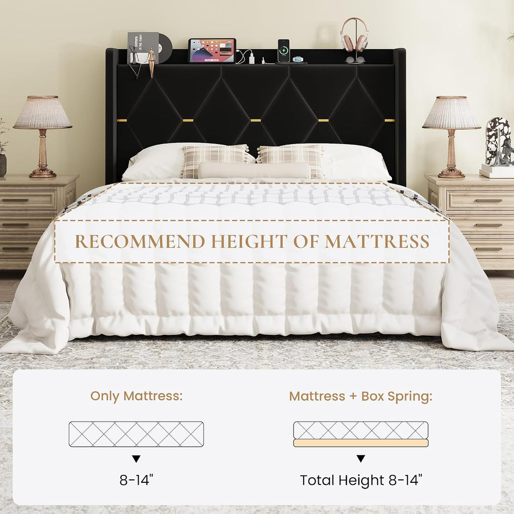 SHA CERLIN Full Size Velvet Upholstered Bed Frame with Charging Station, Modern Wingback Storage Headboard, Diamond Stitched & Gold Trim, No Box Spring Needed, Easy Assembly, Black