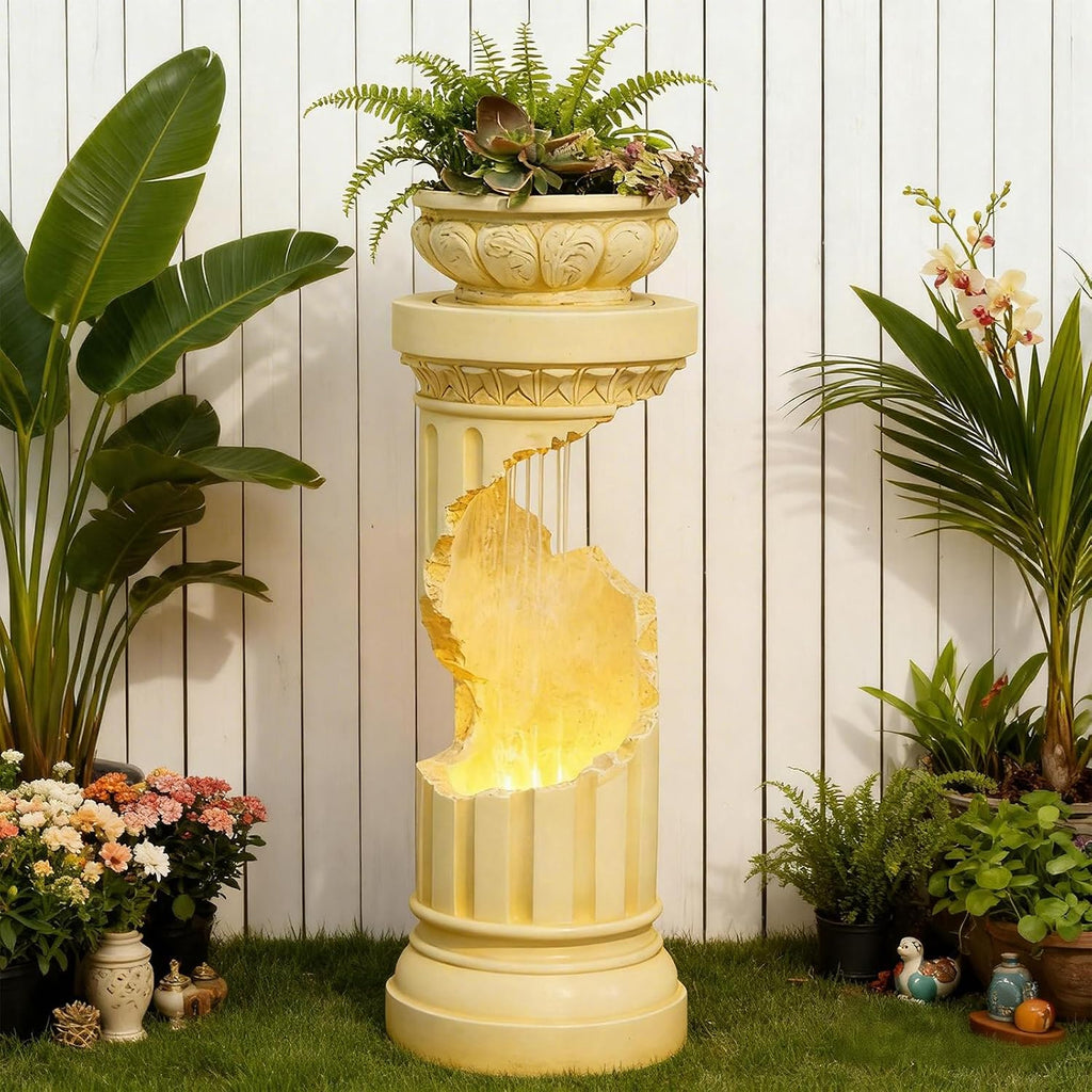 Sunlinua Outdoor Water Fountain with LED Light, Modern Spiral Tiered Outdoor Fountain with Stone Planter Curved Freestanding Waterfall Fountains for Garden Patio Deck Porch